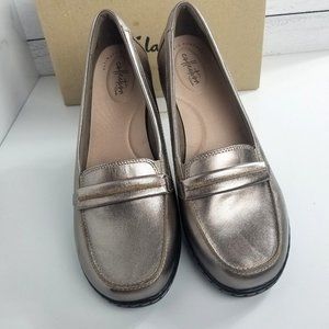 Clarks Collection Ashland Lily Comfort Leather Loafer Shoes Pewter Gold Size 11M